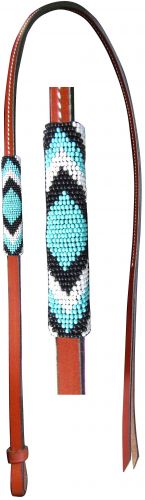 Showman 4ft Leather over &amp; under whip with teal, black, and white beaded overlay